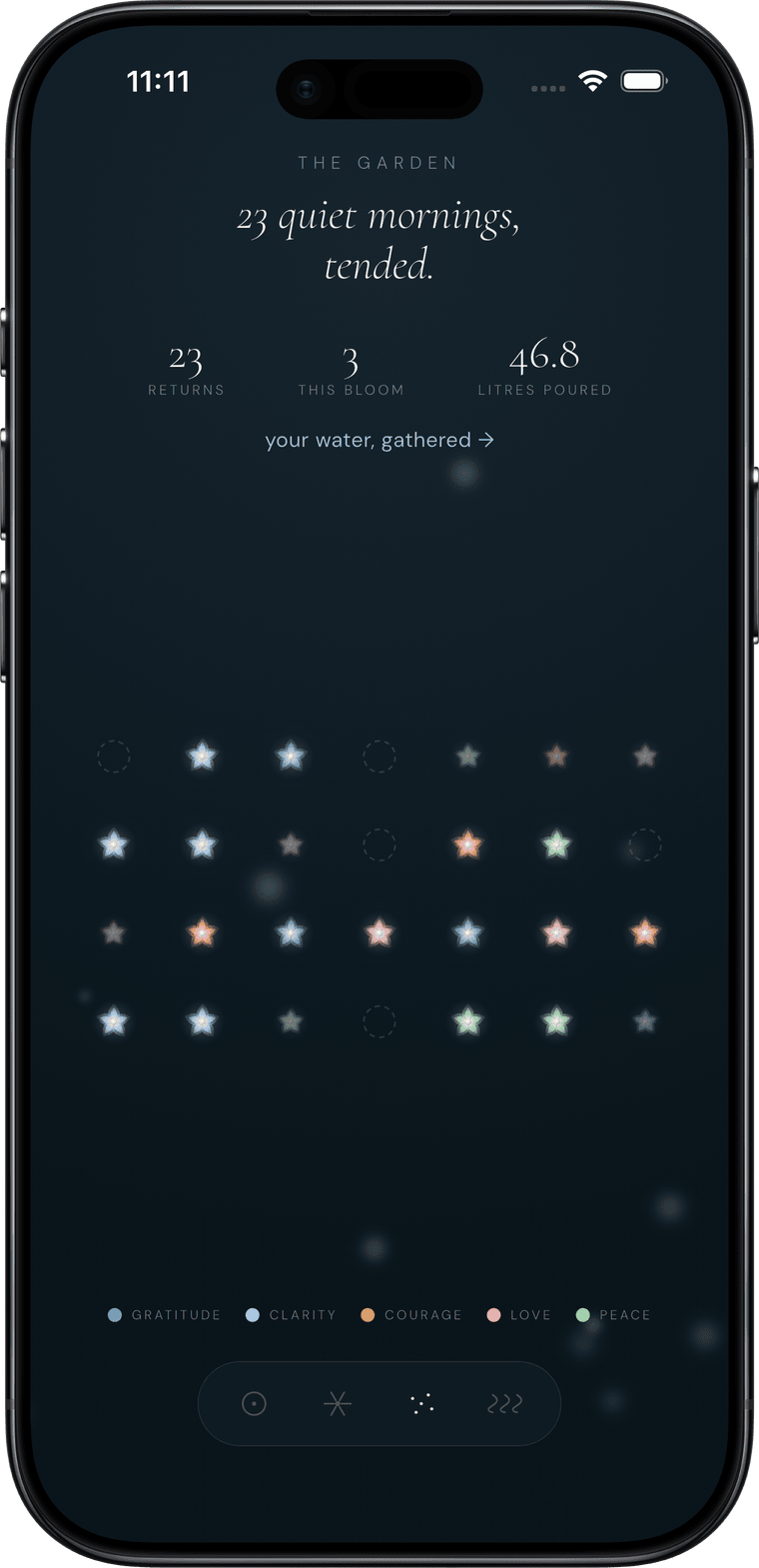The rippl app Garden screen in dark mode — a field of blossoms glowing on espresso black