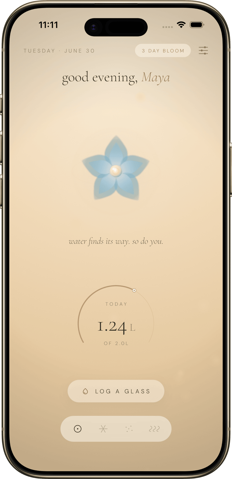 The rippl app Home screen — a morning greeting, the Blossom, and the day's hydration