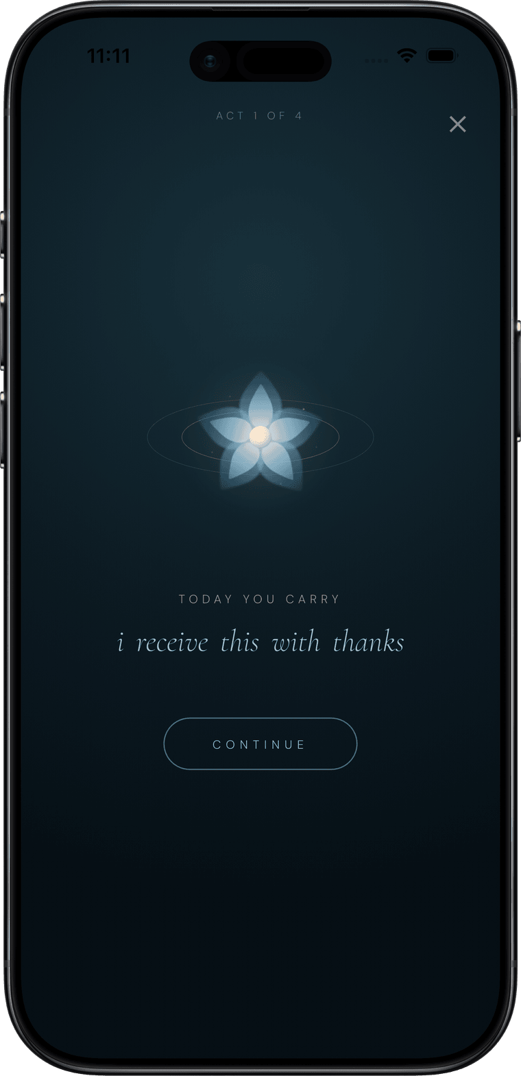 The rippl pour ritual in dark mode — a luminous blossom and the words “i receive this with thanks”